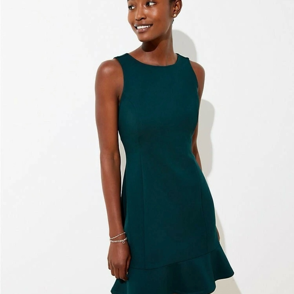 NWT!! Loft Cutout Back Ponte Flounce Dress in Antique Jade Green